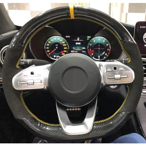 Hand-Stitched Soft Black Carbon Fiber Suede Car Steering Wheel Cover For Mercedes-Benz A-Class W177 2018-2019