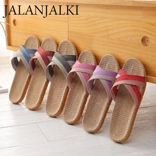 JALANJALKI Summer Women Llippers Bedroom Non-slip Flax Men Shoes Linen Slides Family Home Couple Sandals Indoor Unisex Sandals
