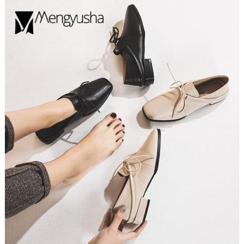 Lace-up British student leather shoes women autumn shallow sewing chunky single shoes casual 2 wear mule slides square toe shoes