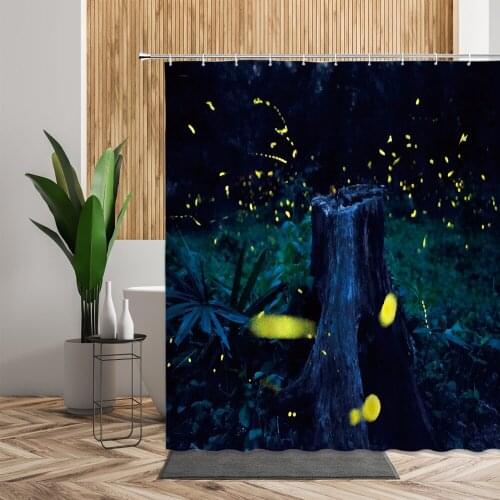 Natural Scenery Shower Curtain Forest Night View Fantasy Firefly Bathroom Bath Decor Waterproof Backdrop Fabric Printed Curtains
