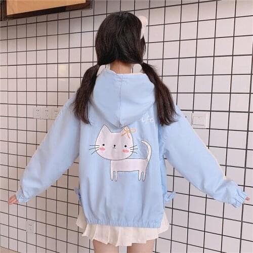 Merry Pretty Women Cartoon Cat Print Basic Jackets 2020 Winter Long Sleeve Hooded Jacket Casual Zippers Harajuku Outerwear Coats