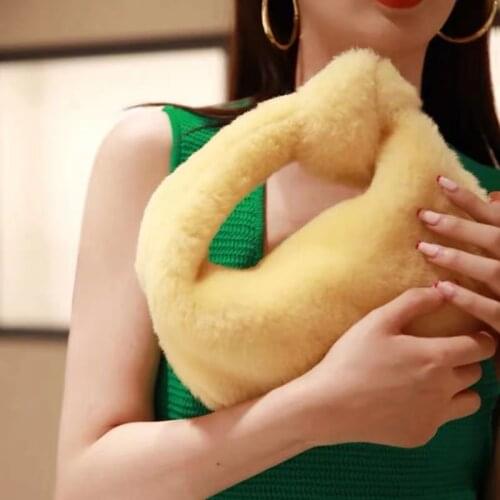 Wool Knot Handbag Real Sheep Fur Women Winter Cute Ladies Plush Clutch Bag Fairy Female Brand Designer Furry Purses And Handbags