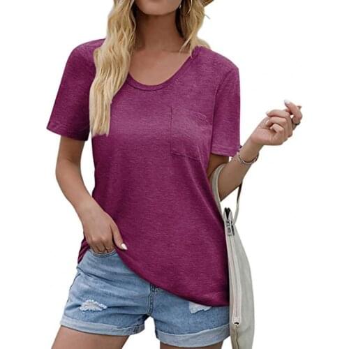 Women Tanks 2021 Summer Women Solid Color Short Sleeve O Neck Pocket Loose T-shirt Tee Shirt Streetwear for Work