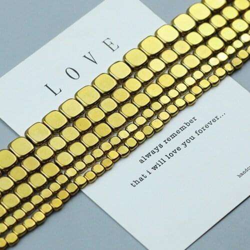 Plating Gold Square Hematite Beads 4 6 8mm Flat cube Natural Stone Spacer loos beads for Jewelry Bracelet Making DIY 15'' strand