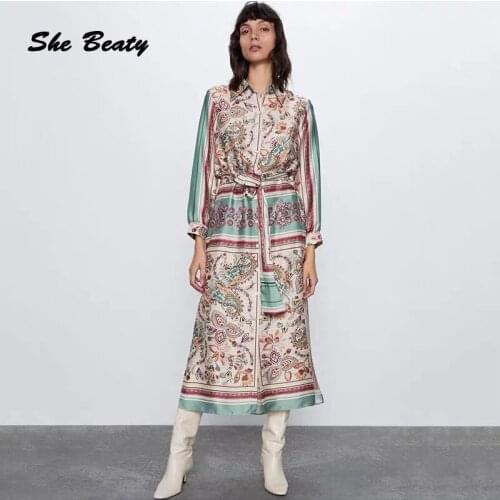 2021 High Street Midi Dress Women Vintage Floral Printed Autumn Long Sleeve Single Breasted Striped Party Chic Y2k Beach Dresses