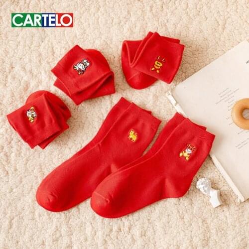 CARTELO New Cartoon Pattern Women Socks Fashion Cute Sport Breathable Cotton Middle Tube Red Color Socks Носки женские