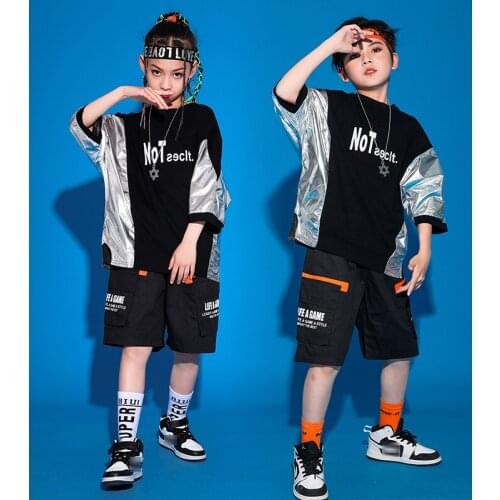 Childrens Hip Hop Dance Clothes Silver Short Sleeved Black Tops Shorts Boys Stage Costume Girls Jazz Performance Outfit BL5997