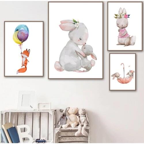 Baby Rabbit Fox Balloon Nursery Wall Art Canvas Painting Cartoon Nordic Posters & Prints Wall Pictures Girl Boy Kids Room Decor