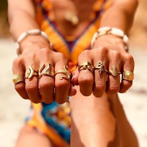 European and American fashion creative alloy metal joint ring Bohemian ethnic style pineapple snake 9 piece ring set wholesale