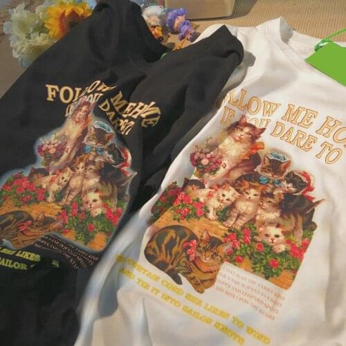 Harajuku colorful kitten print O-neck T-shirt y2k casual streetwear 2021 fashion casual T-shirt plus size women clothing cute