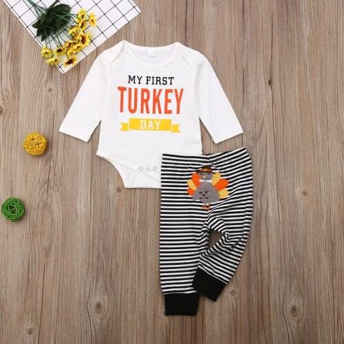 My First Turkey Day Newborn Baby Boy Girl Clothes Long Sleeve Cotton Bodysuit Tops Striped Pant Trouser 2PCS Baby Clothes Set