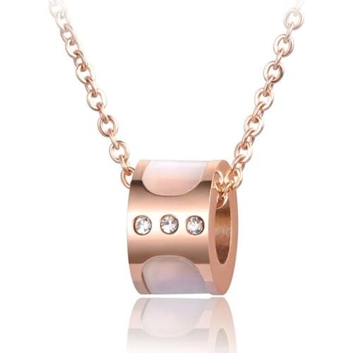 Titanium Steel Rose Gold Color White Shell CZ Crystal Rhinestones Engagement Pendant Necklaces For Women Gifts N18069