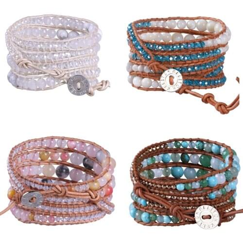 KELITCH 5 Wrap Bracelets Natural Stone Beads Leather Handmade Charm Couples Cuff Bangle Jewelry Creative Gifts Anime Bracelet
