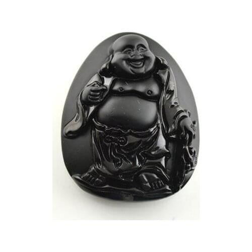 Chinese Ancient Laughing Buddha Pendant Fit For Necklace Making High Quality Black Obsidian Carved Jewelry