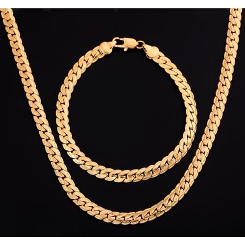 18K Gold GP Jewelry Sets For Man Women 5mm Sideways Link Chain Necklace Bracelet 2 pcs Set Male Jewellery Accesories Bijoux