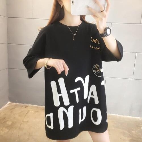 Summer Women Black T-shirt New Brand Letter Print Cotton T Shirts Female O-Neck Short Sleeve Tshirt Casual Loose Solid Tees Tops