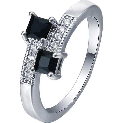 Fashion Black Zirconia Stone Square silver plated Rings for Women Engagement Girls Valentines Gift Thin Cute Beautiful Jewelry