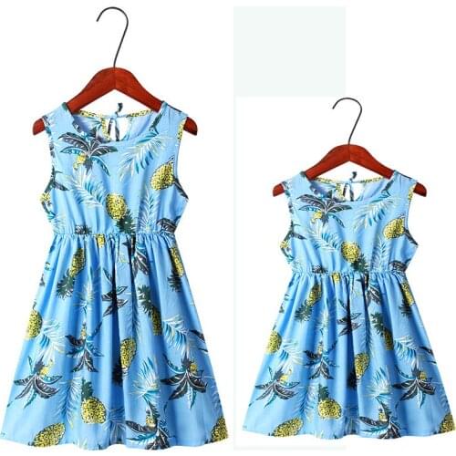 New Tropical Flavour Blue Sky Floral Mommy and Daughter Matching Clothes Family Summer Holiday Dresses Sleevesless Outfits