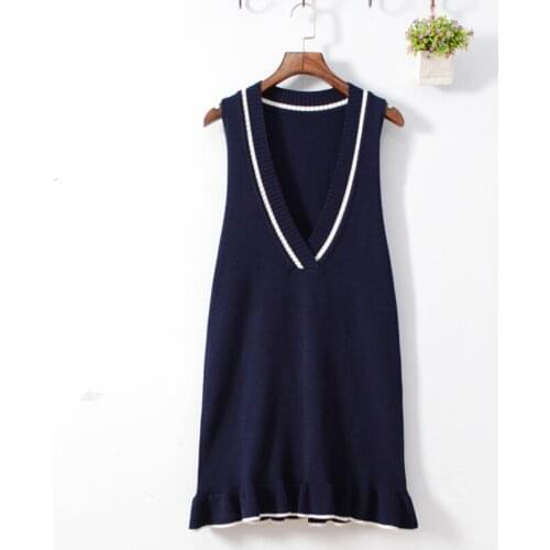 2018 New Spring Autumn Fashion Striped V-Neck Sleeveless Sweaters Pullovers Ruffles Long Knitted Vests Knitted Vest Coat Mw145