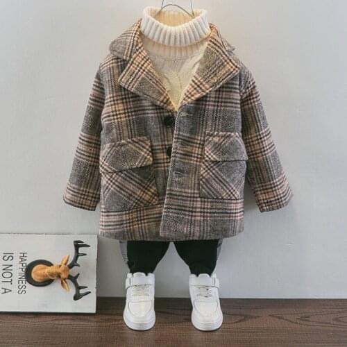 Autumn Boys Woolen Coat Fashion Thicken Plaid V-Neck Long Jacket For Children Outwear Foreign Style Winter Kids Clothes Tops