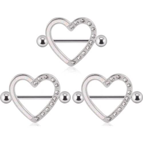 ChuanCI 2PCS Stainless Steel&Zircon Shield Nipple Piercing Bar Jewelry Nipple Ring Barbell Heart Shape Body Piercing Jewelry 14G
