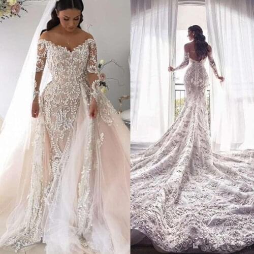Mermaid Lace Wedding Dresses With Detachable Train Off Shoulder Bridal Gowns Long Sleeve African Vestidos robes de soirée