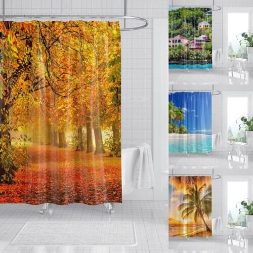 Beach Landscape Printed Fabric Shower Curtains Sea Scenery Bath Curtains Waterproof Bathroom Decoration with Hooks