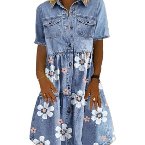 Vintage Women Dress Short Sleeve Single-breasted Pockets Floral Print Long Loose Plus size Denim Dress for Office xxxxl vestidos