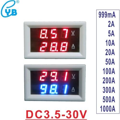 White Cover DC3.5-30V Voltage Current Meter DC999mA 2A 5A 10A 20A 50A 100A 200A 300A 500A 1000A Voltmeter Ammeter Wide Range