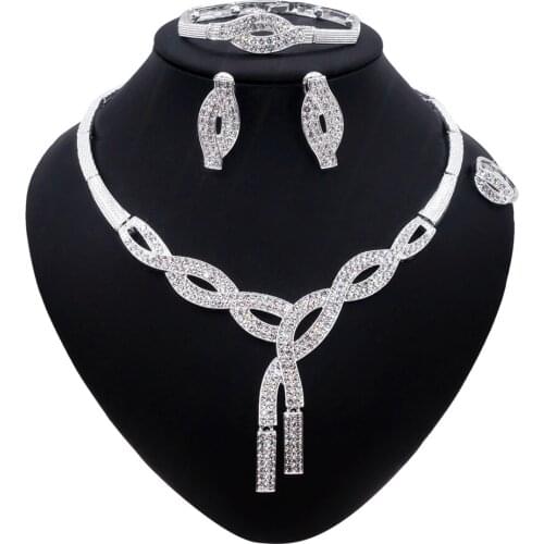 Yulaili Retro Silver Color Jewelry Sets Wholesale Rhinestone Stud Earrings Bracelet Ring Necklace Jewelery Set Gift for Her