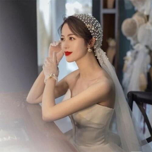 Pearls Beaded Veil Women Hat Headpiece One Layer 75 CM Length Bridal Accessories 2021