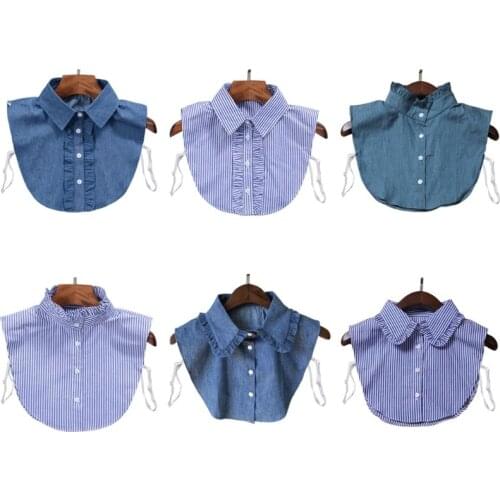 Minimalist Stripes Denim Women Detachable Lapel Fake Collar Cute Doll Ruffles Lace Splicing Button Down False Half Shirt Blouse