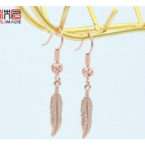SJMADE Korean 2020 Fashion Little Feather Dangle Earrings 585 Rose Gold Champagne Gold Ear Hook For Women Girl Wedding Jewelry