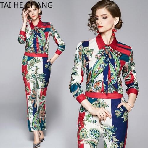 Women New Fashion Autumn Elegant Office Vintage Party Runway Print Shirt + Long Pants 2 Pieces Sets