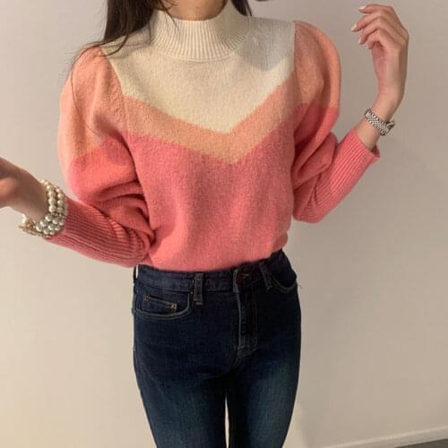 Chic Elegant Termperament Patchwork Sweater for Ladies Hit Color Knitted Slim Pullovers Delicate 2020 Winter Fashion Sweaters