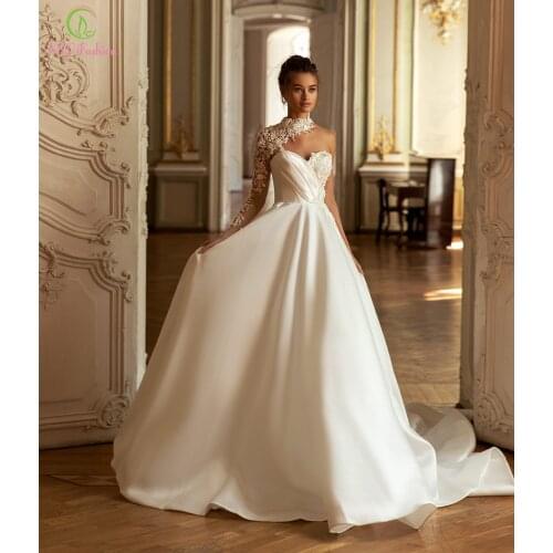 SSYFashion New White Satin Luxury Wedding Dress Elegant One Shoulder Lace Sleeve Long Wedding Gown for Bride Vestidos De Novia