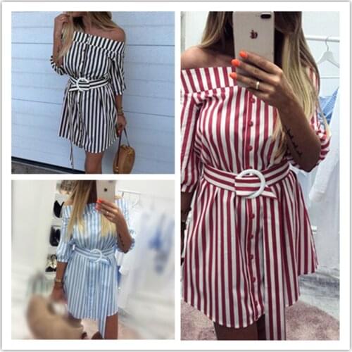 S-2XL women long sleeve slash neck mini dress sashes off shoulder single breast short dress casual leisure brand striped dress