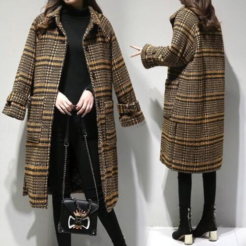 Spring Winter fashion Women Wool Blends Plaid Coat Femal Thick Turn-Down Striped Printed Long Loose Woolen coat Outerwear