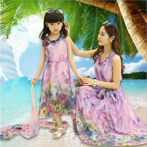 2021 Summer Mom And Daughter Family Look Girl And Mother Dress Floral Chiffon Sleeveless Clothing