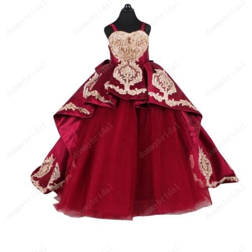 2021 Sexy Gold Embroidery Burgundy Puffy Ball Gown Kids Flower Girl Dresses Satin Tulle Pearl First Communion Pageant Prom Dress