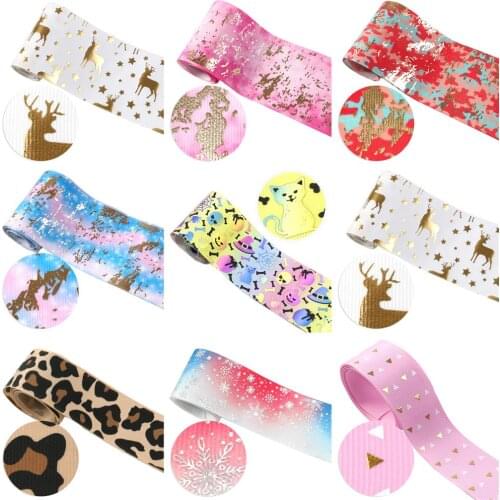 Halloween Christmas 50yards/roll Printed Grosgrain Ribbon Shiny Gold Foil Ribbon DIY Materials,50Yc12473
