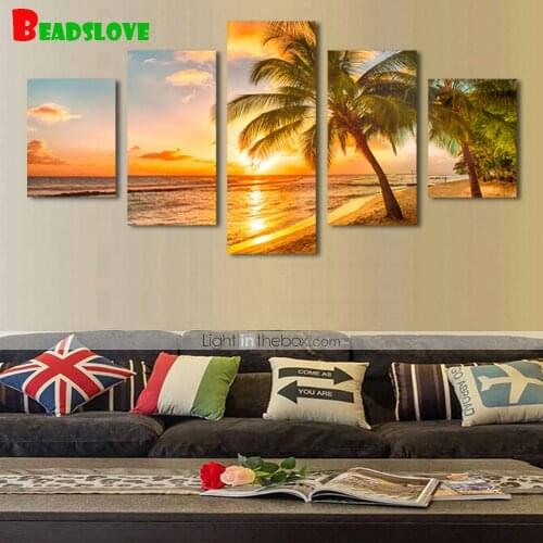 Seaside Sunrise diamond painting 5 Panel PalmTrees 5d rhinestone art,Full square diy 5d mosaic cross stitch diamond embroidery