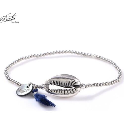 Badu Shell Bracelet for Women Alloy Beads Elastic String Cotton Tassel Pendant Handmade Charming Bracelets Wholesale