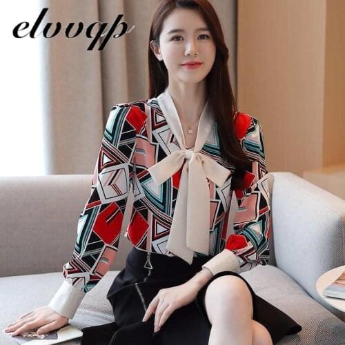 Women Print Chiffon Blouse Casual Korean Slim Shirt Long Sleeve Shirt Autumn Fashion Women Streetwear Elegant Office Ladies Tops