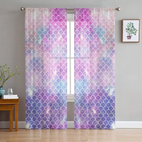 Mermaid Scales Colorful Print Sheer Window Panel Curtains Room for Living Room Bedroom Kitchen Room Chiffon Tulle Curtains