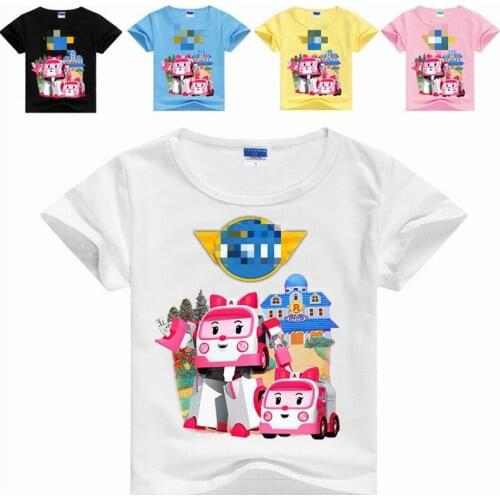 Rrobocar childrens cotton short-sleeved poli cartoon pattern short-sleeved T-shirt top kids clothes girls boys 5 to 15