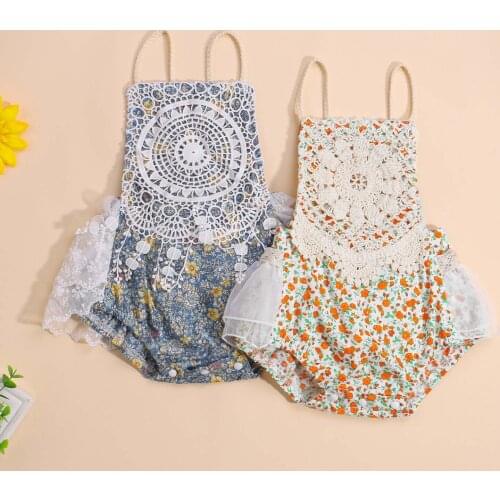 Summer Infant Baby Girls Sweet Bodysuits Princess Sleeveless Lace Floral Printed Tassel Backless Jumpsuits Kids Baby Beachwear