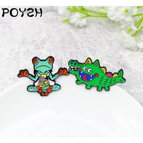 Sad and helpless frog Happy and joyful crocodile Enamel Brooch Green cartoon animal Lapel Pin Fashion fun custom Badge