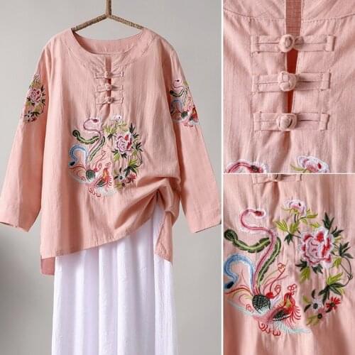 Chinese Traditional Clothes Women Summer Plus Size Vintage Embroidery Tops Modern Long Sleeve Shirts Lady Ethnic Casual Blouse