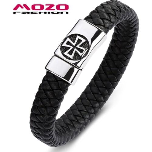 Classic Male Bracelet Black Leather Bangle Man Cross Punk Fashion Jewelry Stainless Steel Magnet Buckle